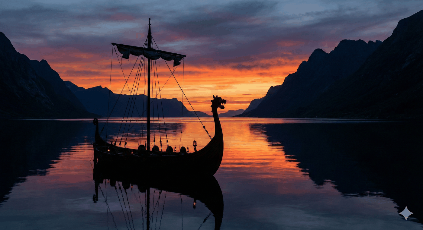 Slutvinjett – vikingaskepp i solnedgång